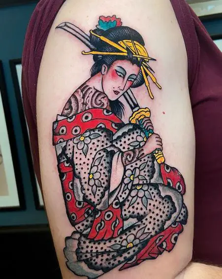 Colored Geisha with Katana Biceps Tattoo