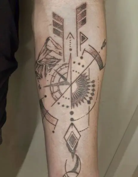 Arrow and Compass Geometric Forearm Tattoo