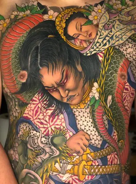 Colorful Dragon and Samurai Belly Tattoo