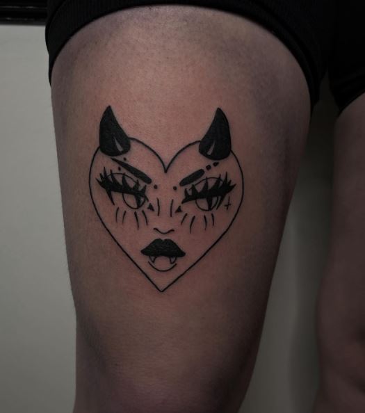 Devil Face Crying Heart Thigh Tattoo