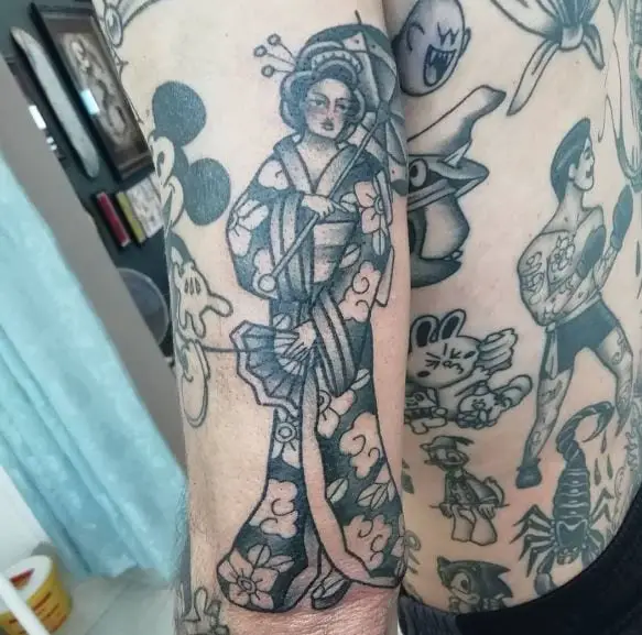 Geisha with Umbrella and Fan Arm Tattoo