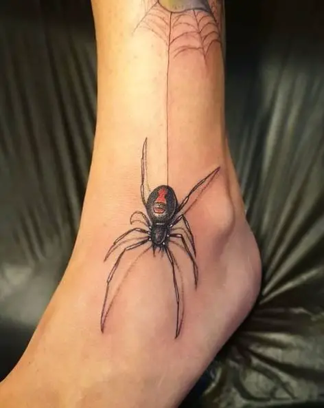 Black Widow Hanging on Net Foot Tattoo