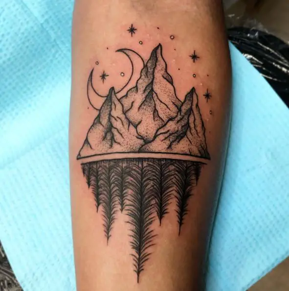 Moon over Mountain and Pine Trees Tattoo