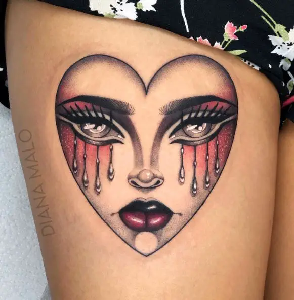 Girl Face Crying Heart Thigh Tattoo