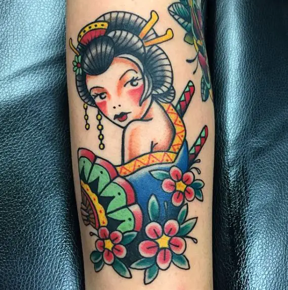 Colorful Flowers and Geisha with Fan Tattoo