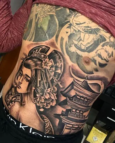 Temple and Geisha Belly Tattoo