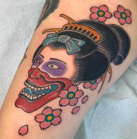 Colored Geisha with Mask Thigh Tattoo