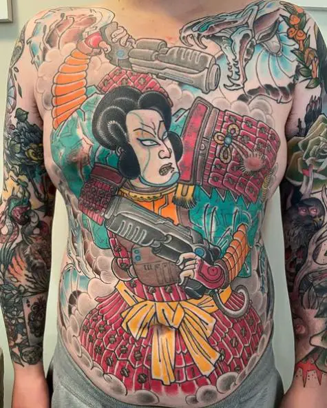 Samurai with Guns Belly Tattoo