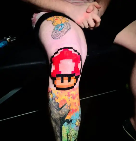 Super Mario Red Mushroom Knee Tattoo