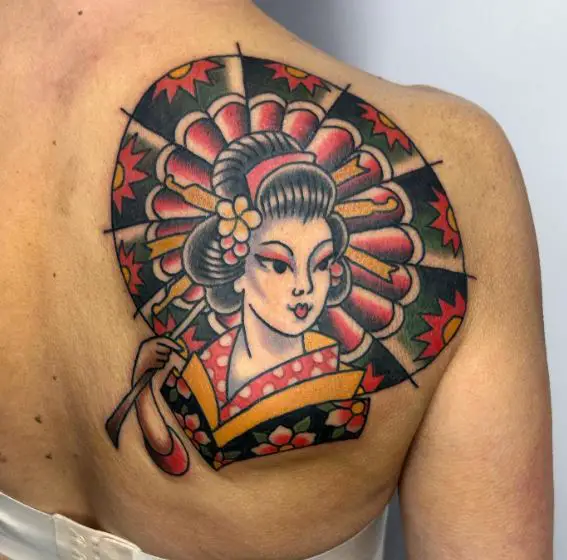 Colorful Geisha with Umbrella Back Tattoo