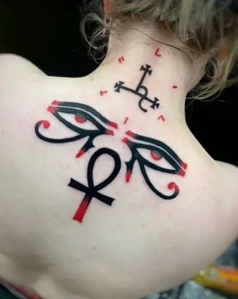 Eyes of Horus and Ankh Back Tattoo