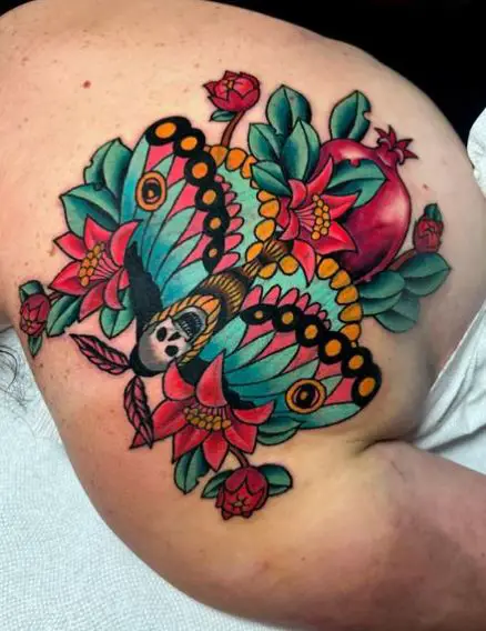 Colorful Flowers and Death Moth Tattoo