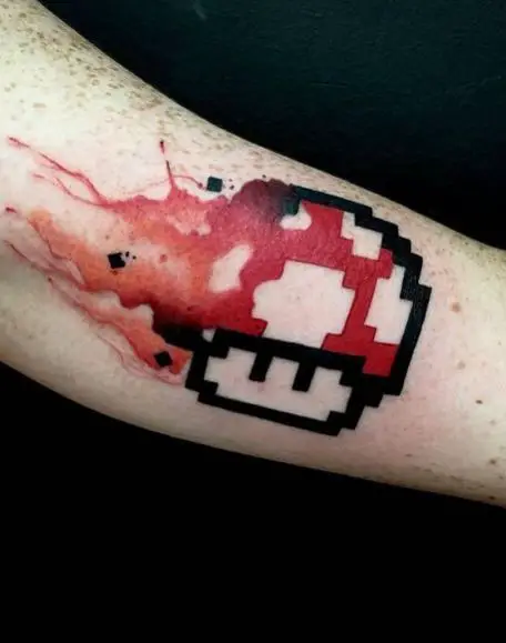 Super Mario Mushroom on Fire Arm Tattoo