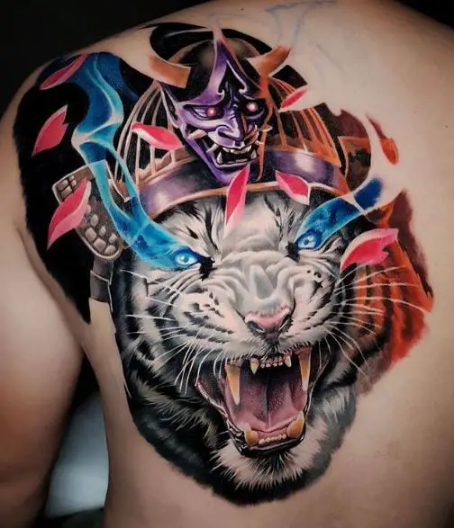 White Tiger with Samurai Helmet Shoulder Tattoo