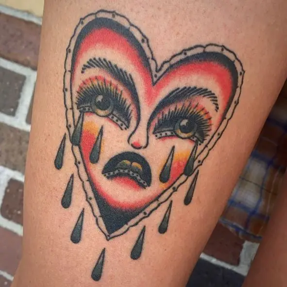 Crying Heart with Black Tears Thigh Tattoo