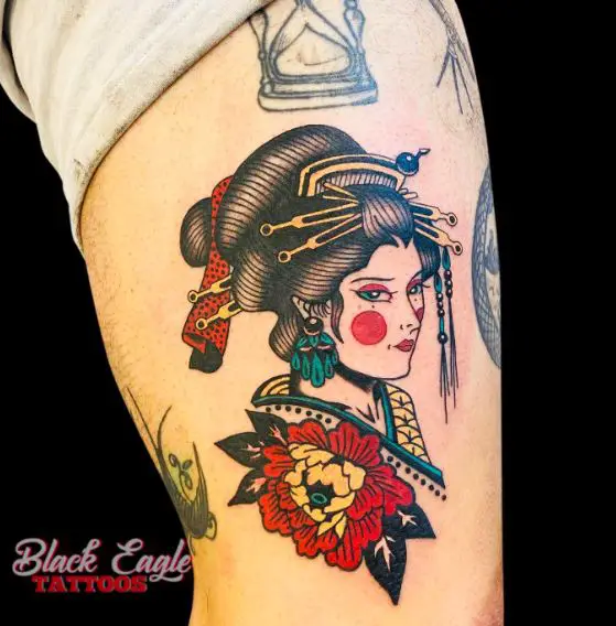 Colored Flower and Geisha Arm Tattoo