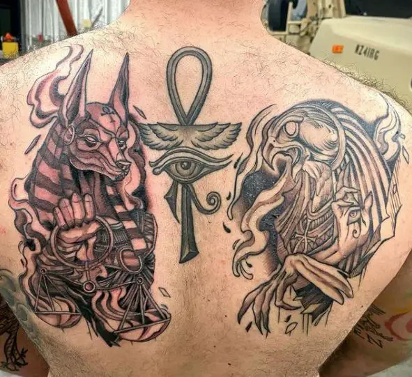 Anubis and Rah with Ankh Back Tattoo
