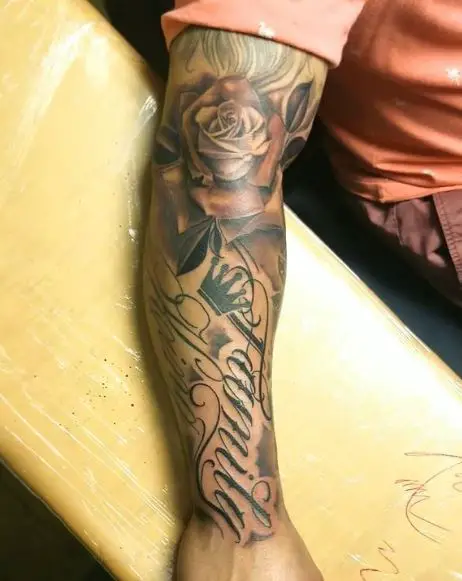 Rose and Crown with Message Forearm Tattoo
