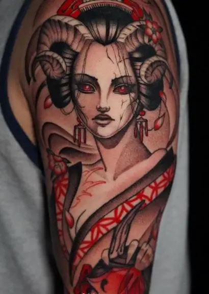 Red Eyed Geisha Arm Tattoo