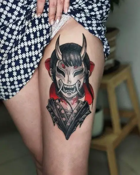 Devil Mask on Samurai Thigh Tattoo