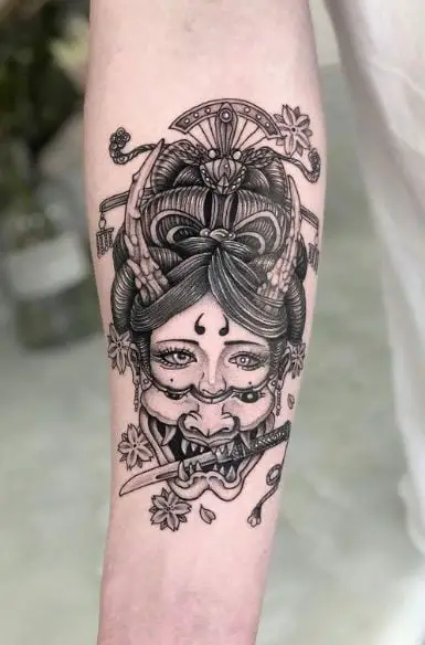 Black and White Geisha with Mask and Knife Tattoo