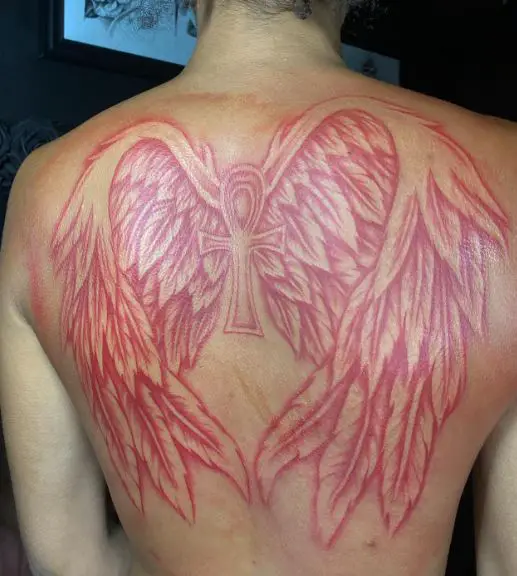 Red Wings and Ankh Back Tattoo