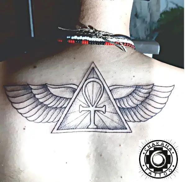 Pyramid with Wings and Ankh Back Tattoo
