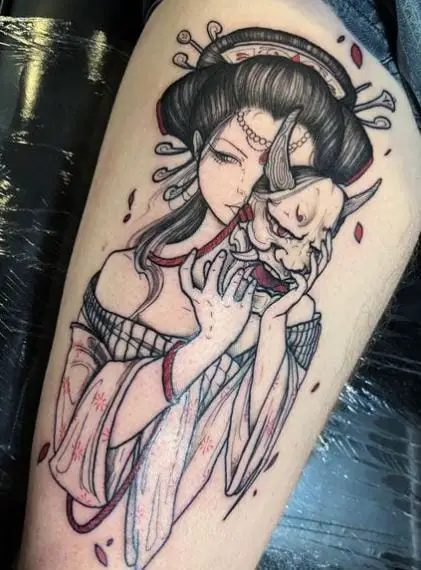 Geisha with Devil Mask Tattoo