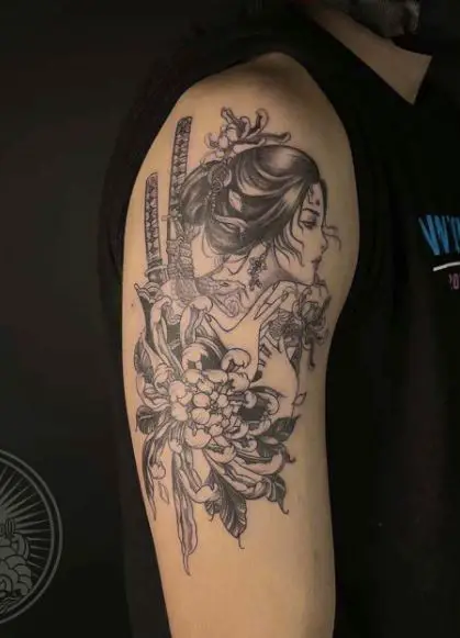 Flowers and Geisha with Katana Arm Tattoo
