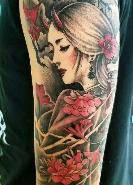Red Flowers and Geisha Arm Tattoo