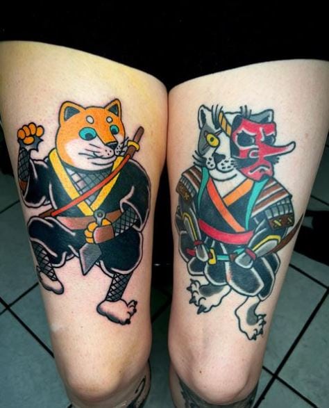 Colored Samurai Cat Thigh Tattoo
