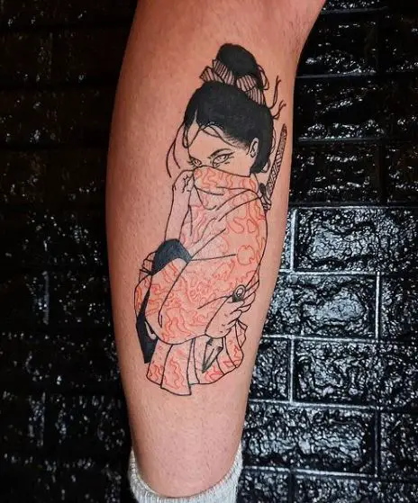 Colored Geisha with Katana Leg Tattoo