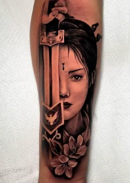 Geisha with Sward Forearm Tattoo
