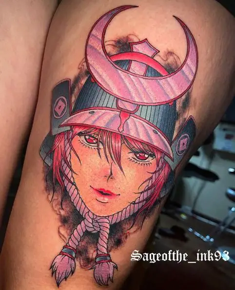 Colorful Samurai Lady Thigh Tattoo