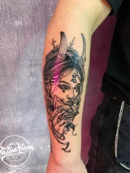Geisha with Horns and Mask Forearm Tattoo