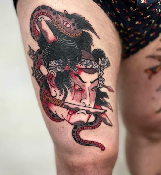 Colorful Snake and Samurai Head Thigh Tattoo