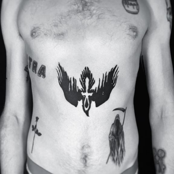 Crow with Ankh Belly Tattoo