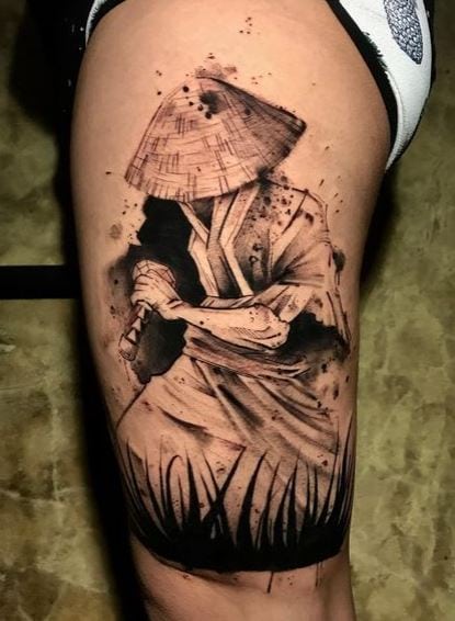 Samurai with Hat Thigh Tattoo