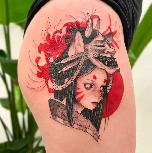 Black and Red Samurai Girl Thigh Tattoo