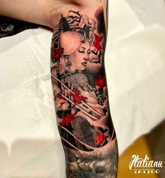 Black and Red Geisha with Horns Tattoo