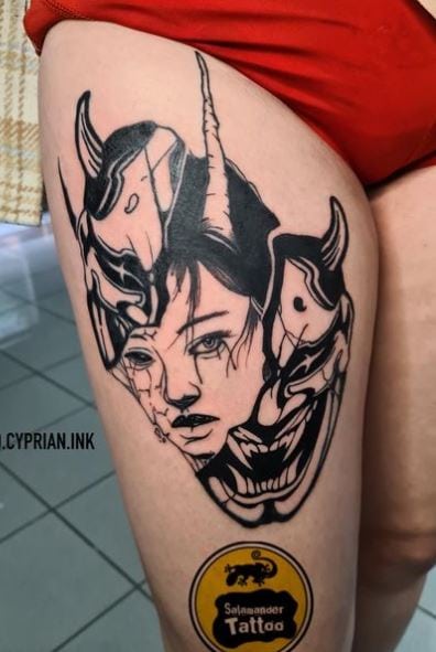 Girl with Samurai Mask Thigh Tattoo