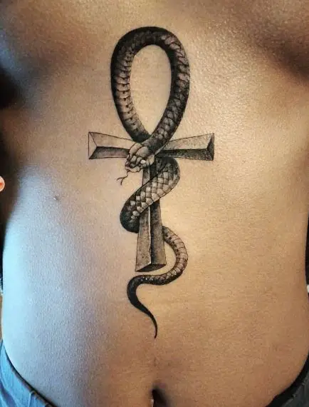 Snake in Shape of Ankh Belly Tattoo