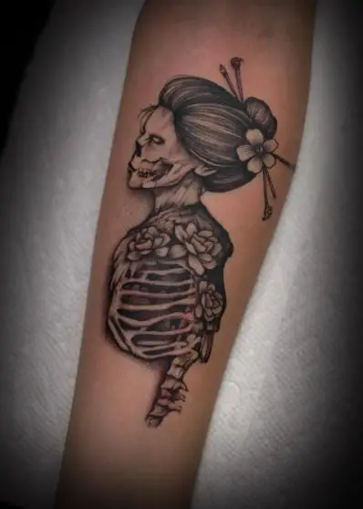 Grey Skeleton Geisha Arm Tattoo
