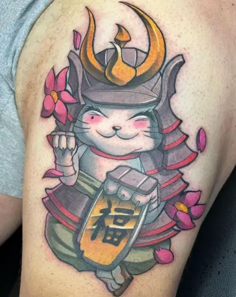 Samurai Kitty Cat Thigh Tattoo