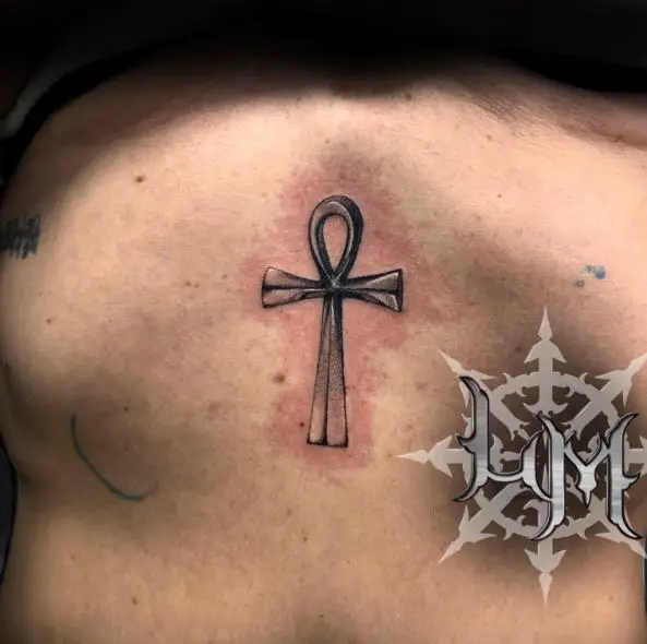 Black and Grey Ankh Belly Tattoo