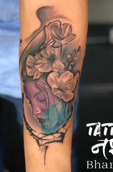 Violet and Blue Geisha Arm Tattoo