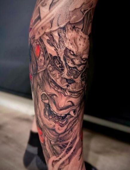Grey Samurai Mask Leg Tattoo