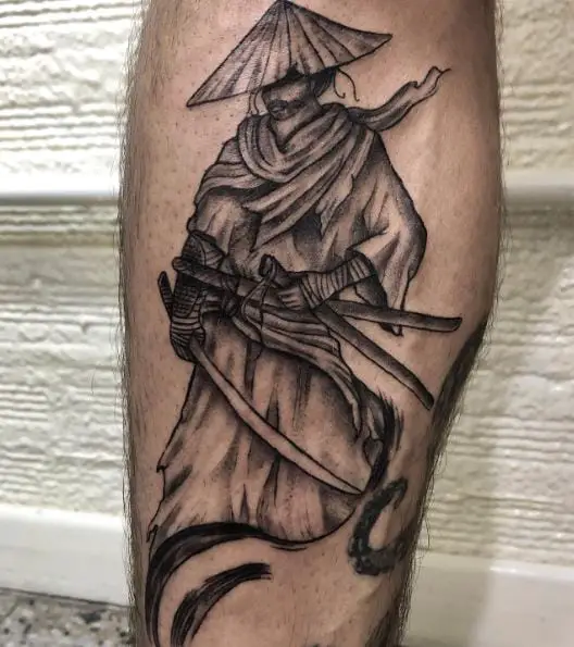 Shaded Samurai with Hat Leg Tattoo