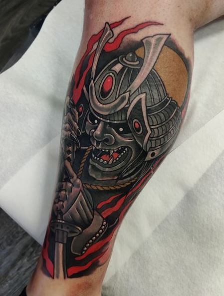 Colored Samurai with Mask Leg Tattoo