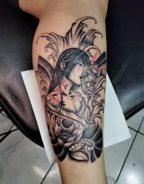Flowers and Geisha with Mask Leg Tattoo